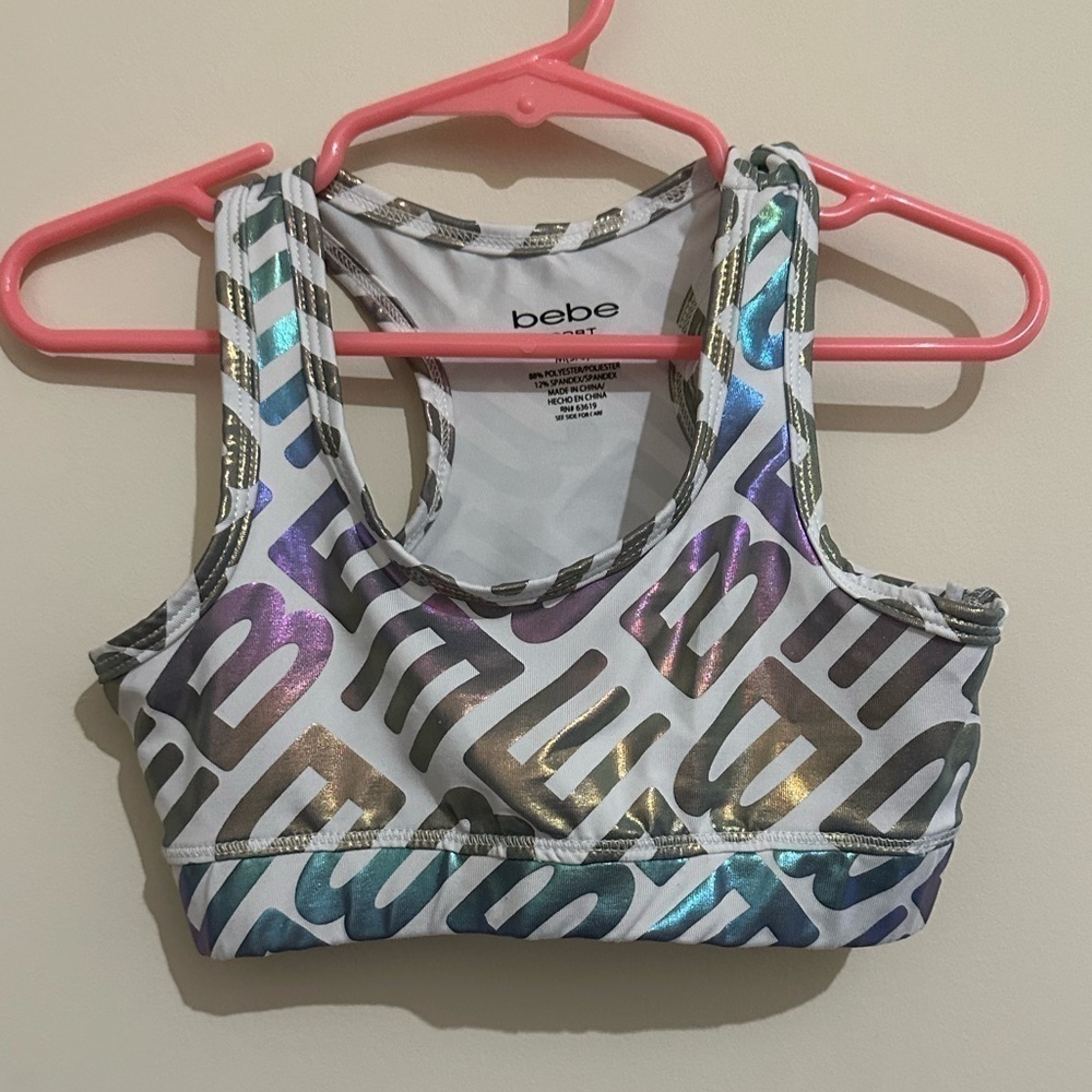 BEBE Medium 5/6 Metallic Logo Print Sports Bra